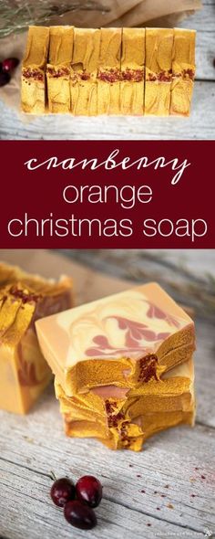 orange christmas soap with cranberry on top and text overlay that reads creamy orange christmas soap