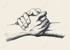 two hands holding each other in black and white ink on paper stock photo, images and royalty