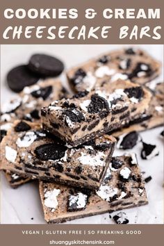 cookies and cream cheesecake bars are stacked on top of each other