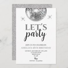 a silver disco ball birthday party card with the words let's party on it