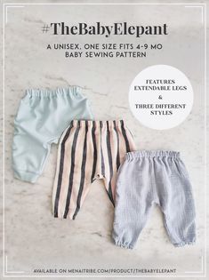 two baby pants with stripes on them and the words, the baby elephant written in white