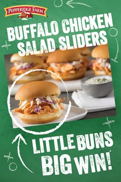 a menu for buffalo chicken salad sliders with little buns and big win on the side