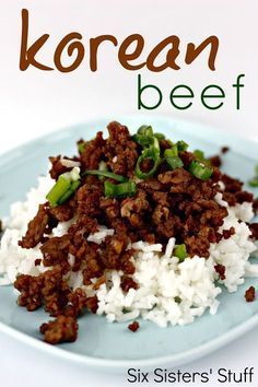 korean beef and rice on a plate with the words korean beef overlaying it