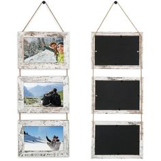 two white wooden frames hanging on a wall with pictures attached to them and one is holding a blackboard