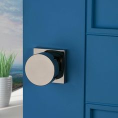 a white and black knob on a blue door