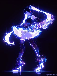 an animated image of a woman with a guitar in her hand and glowing lines on the background