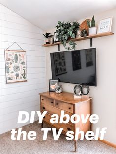 the tv is on in the corner of this room with shelves above it and plants