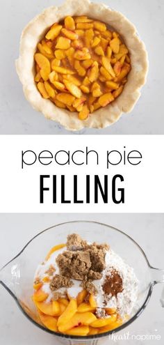 peach pie filling in a glass pie dish with the words peach pie filling above it