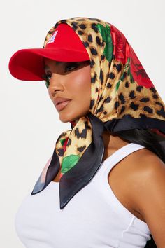 Available In Leopard. Head Scarf Leopard Print Design Floral Detail 70 x 70 in Disclaimer: Print Place May Vary Imported | Love Gone Wild Head Scarf in Leopard by Fashion Nova Pretty And Polished Aesthetic, Fashion Outfits Accessories, Bandana Fashion Women, Scarf With Cap Style, Scarf Over Fitted Hat, Trendy Summer Headscarf With Bandana Print, Wear A Head Scarf, Scarf With Hat, Styling Scarf