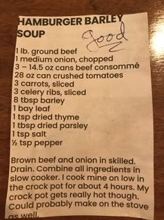 a recipe for hamburger barley soup is shown on a piece of paper with the instructions