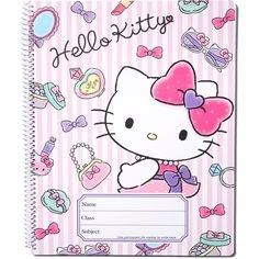 a hello kitty notebook with pink stripes and bows on the front, featuring an image of a