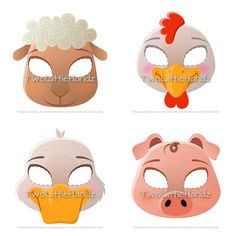 four masks with different facial expressions and animals'heads on them, all in different colors