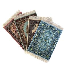 PRICES MAY VARY. A Timeless Piece: Set of 4 miniature dollhouse carpets suitable for 3 inch and 6 inch dolls (1/24 to 1/12 scale), with beautiful Oriental/Turkish rug designs; making this set the perfect choice for adding classy and elegant carpeting to your doll house floor Made with Care: The top of each rug is a velvet-style fabric with a high quality print of an Oriental and Turkish rug design. This gives the carpet a very soft and authentic look. The white fringes on each end make these min Doll House Flooring, Miniature Needlepoint, House Rugs, Needlepoint Rugs, Dollhouse Rug, Table Coasters, Dollhouse Accessories, Design Fabric, Doll Furniture