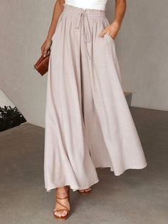 JFN Loose Plain Casual Elastic Band Flare Leg Pants | justfashionnow Teen Clothing Ideas, Pinterest Inspired Outfits, Women Fitness Outfits, Flowy Pants Outfit, Summer Office Attire, Summer 2023 Style, Vacay Fits, Greece Outfit, Wide Leg Pants Outfits