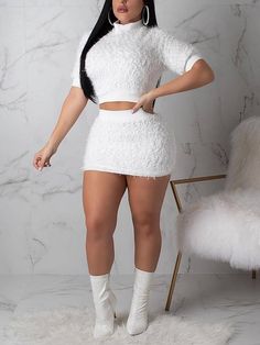 Crop Top Mini Skirt, Chiffon Summer Dress, Two Piece Jumpsuit, Half Sleeve Tops, Crop Top Skirt, Skirt Sets, White Fur, Two Piece Dress, Long Sleeve Mini Dress