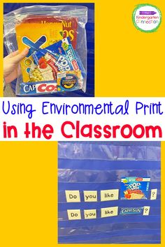 an image of using environmental print in the classroom with words and pictures on it to help students