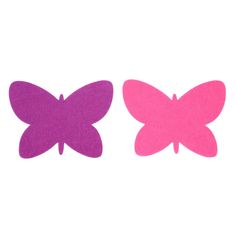 two pink and one purple butterfly cut outs on a white background with space for text