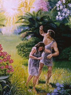 a painting of two people standing in front of trees and flowers, one is touching the other's hand