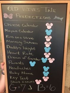 a chalk board with mickey mouses written in pink, blue and white on it