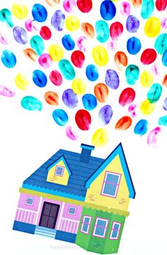 a drawing of a house with lots of colorful bubbles coming out of the top of it