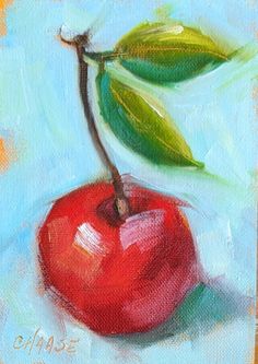 a painting of an apple with a green leaf on it