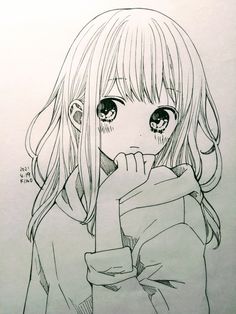 a drawing of a girl with long hair holding her hand up to her face and looking at the camera