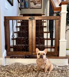 a small dog sitting on top of a rug in front of a stair case and banister