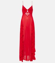 Isabel ruffled cutout maxi dress in red - Bananhot | Mytheresa Summer Gala Ruffled Maxi Dress, Summer Gala Maxi Dress With Ruffles, Floor-length Ruffled Maxi Dress For Night Out, Cutout Floor-length Maxi Dress For Gala, Floor-length Cutout Maxi Dress For Gala, Red Ruffled Floor-length Maxi Dress, Summer Cocktail Maxi Dress With Cutout, Summer Cocktail Maxi Dress With Cutout Details, Chic Cutout Maxi Dress For Gala