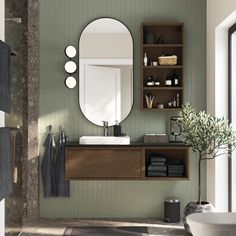 a bathroom with a sink, mirror and shelves on the wall next to each other