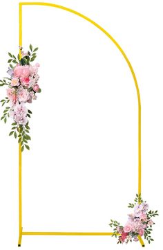 a yellow arch with pink flowers and greenery on the side, isolated against a white background