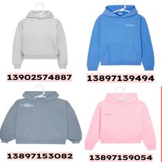 four different colored sweatshirts with numbers on the front and back, one in blue, one in pink