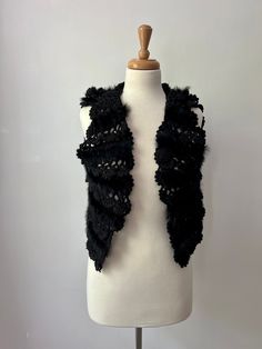 Vintage black crochet and fur vest with hood size small, rabbit fur granny square vest by LoredanasVintage on Etsy Vintage Black Winter Vest, Winter Bohemian Black Vest, Vintage Designer Fashion, Fur Wrap, Fur Scarf, Vintage Fur, Fur Vest, Rabbit Fur, Crochet Vest