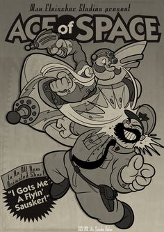 an advertisement for the age of space, with cartoon characters on it's back