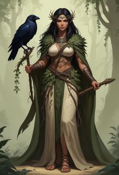 a woman with a crow on her shoulder and a bird on her arm, standing in the woods