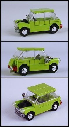 three different views of a green toy car