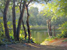 an oil painting of trees and water in the woods near a fenced off area