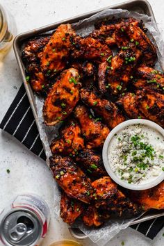 grilled chicken wings with ranch dip and beer