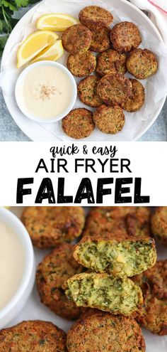 an air fryer falafel is shown on a plate with dipping sauce