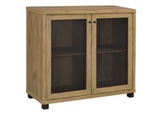 a wooden cabinet with mesh doors on the front and bottom shelves, against a white background