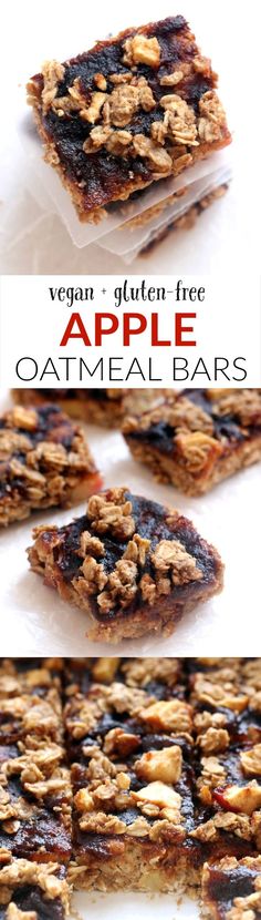 an apple oatmeal bar is cut into squares and stacked on top of each other