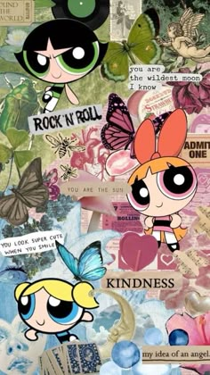 the powerpuff girls collage with many different things on it, including butterflies and hearts