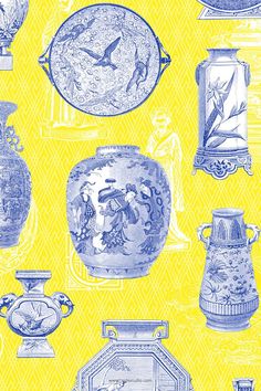 Vintage Chinese ceramic illustration motifs in seamless repeat patterns against a yellow geometrical background. Ghost Vase, Vase Patterns, Deep Summer, Vanity Space, White Ghost, Chinoiserie Wallpaper, Summer Yellow, Wallpaper Rolls, Kitchen Wallpaper