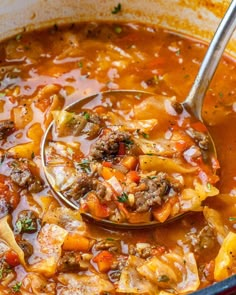 a ladle full of meat and vegetable soup