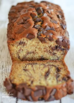 a loaf of chocolate chip banana bread on a table