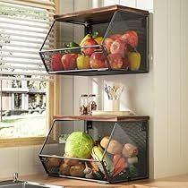 two shelves filled with fruits and vegetables next to a window