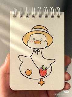 a drawing of a chicken wearing a straw hat and holding a strawberry in its hand