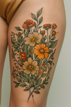 a close up of a woman's thigh with flowers and leaves on the side