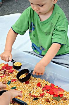 a young boy is cutting corn with scissors