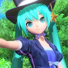 a girl with green hair wearing a black hat and blue dress holding her arm out