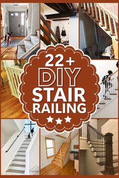 the words diy stair rail are displayed in this collage